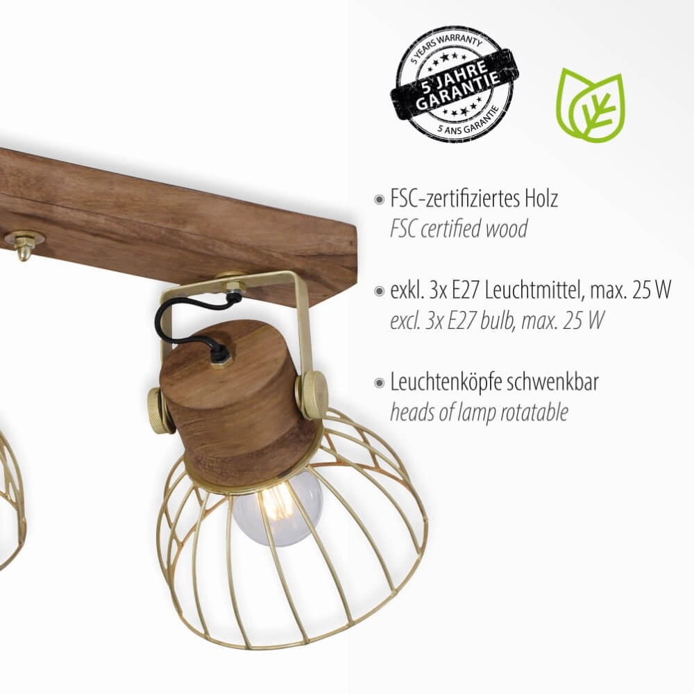 Plafondlamp Alami bruin messing 3-lichts Just Light 4043689976231