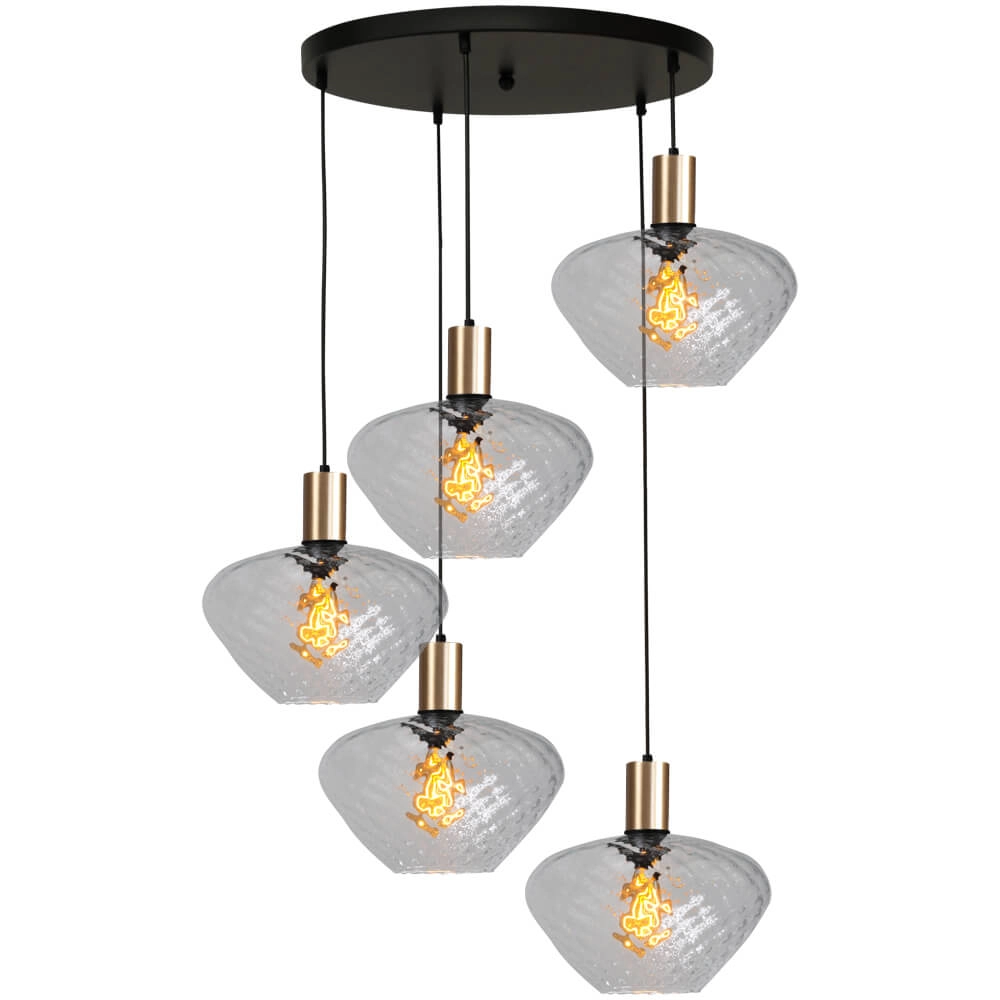 5-lichts vide hanglamp - goud - Porto met Blossom clear glazen