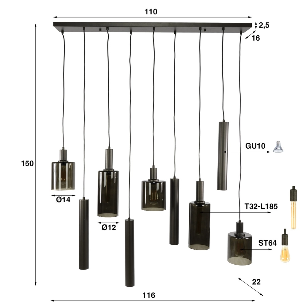Eettafel hanglamp Sepiora Sienna bruin - donker glas - met pendels Lyora 8716803513464