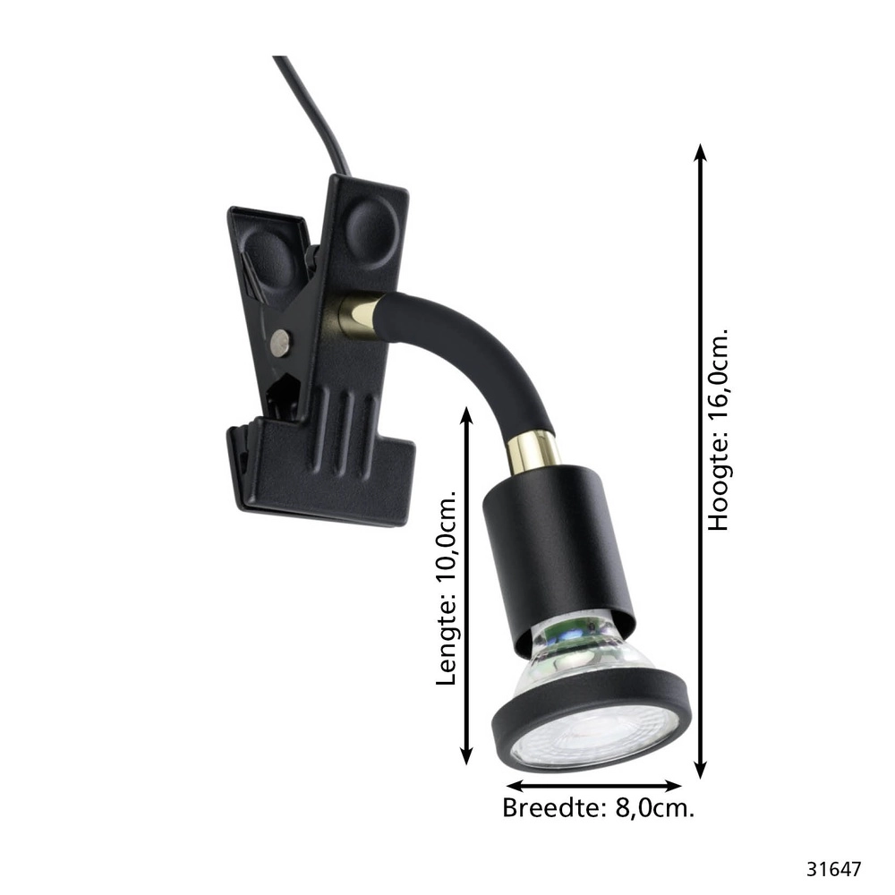 Klemspot Parrini schakelaar - zwart/messing - 1x GU10 Eglo 9002759316471