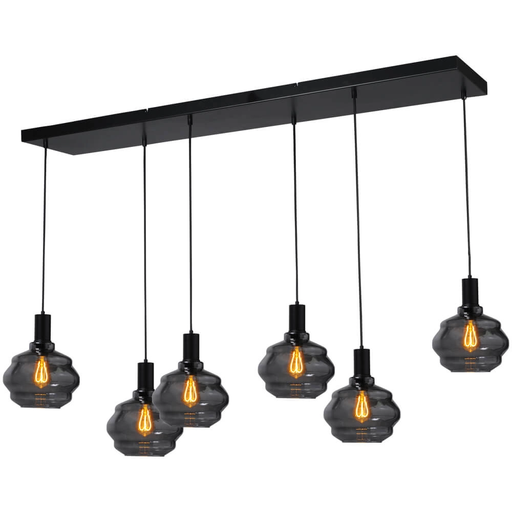 6-lichts hanglamp - zwart - Porto met Ball smoke glazen 6-lichts hanglamp - zwart - Porto met Ball smoke glazen