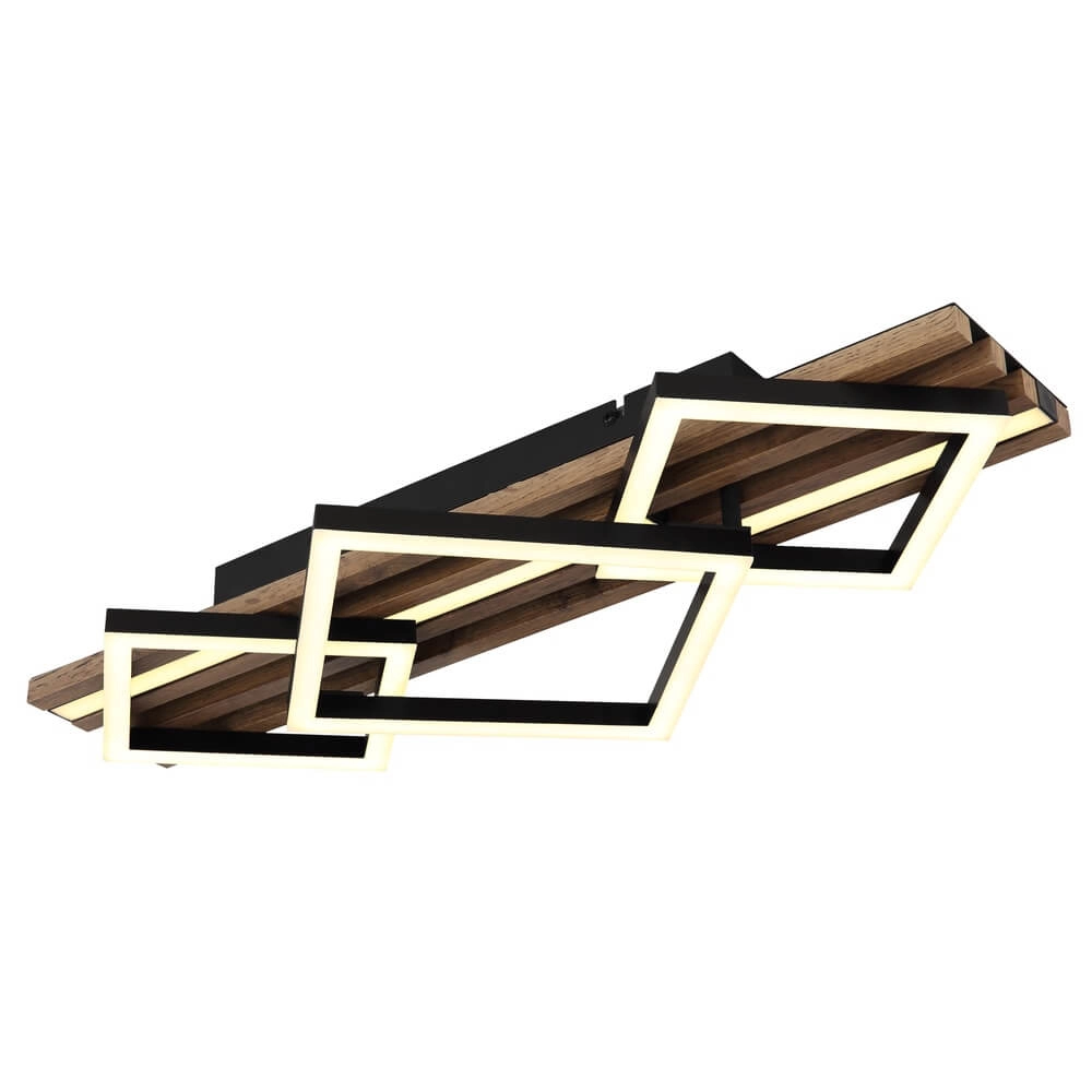 Plafondlamp Obrien zwart met hout 3-lichts
