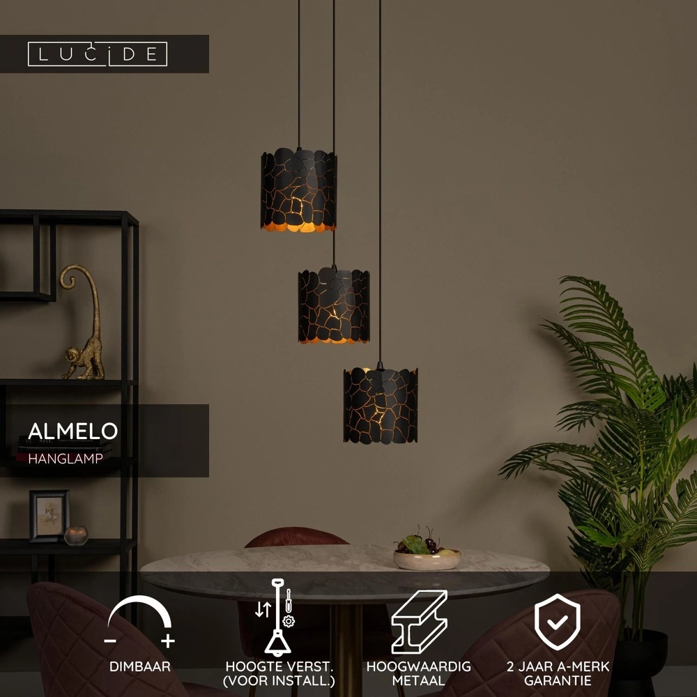 Hanglamp Almelo 3-lichts zwart met gouden binnenkant rond Lucide 5411212211880
