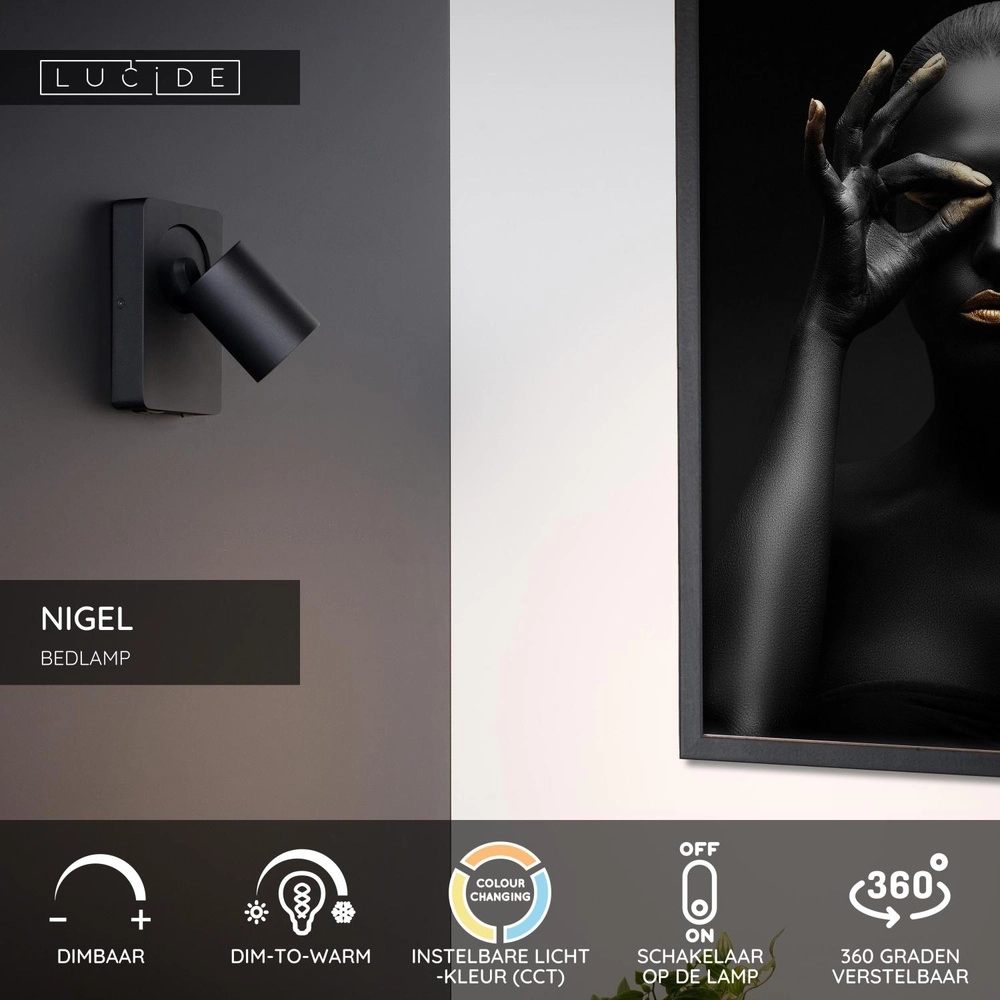 Bedlampje Nigel met USB oplaadpunt zwart Lucide 5411212092731