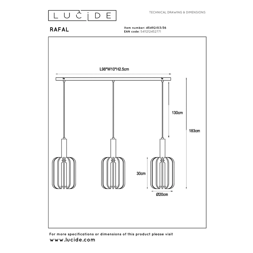 Strakke hanglamp Rafal 3-lichts zwart met grijs Lucide 5411212452771