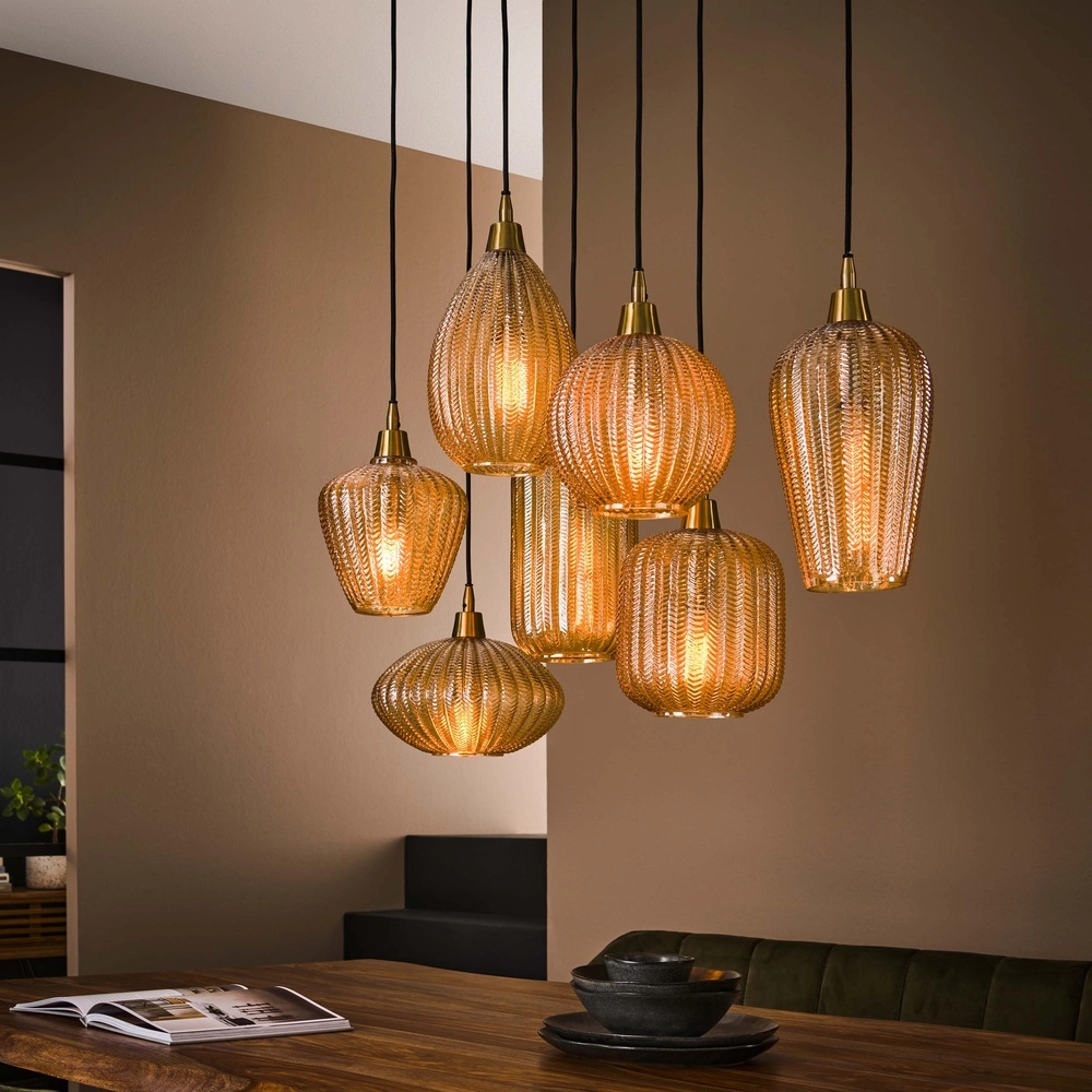 Eetkamer hanglamp V-Shape 7-lichts - geribbeld glas