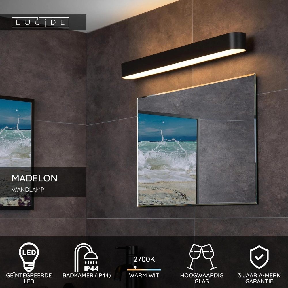 Wandlamp Madelon geschikt voor badkamer zwart Lucide 5411212040466