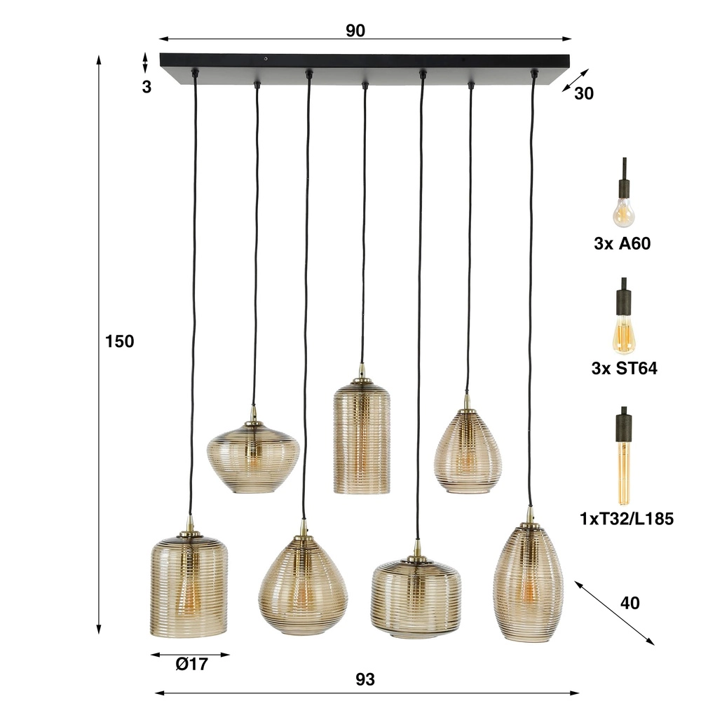 Eetkamer hanglamp Stripe 7-lichts - geribbeld glas Lyora 8716803511125