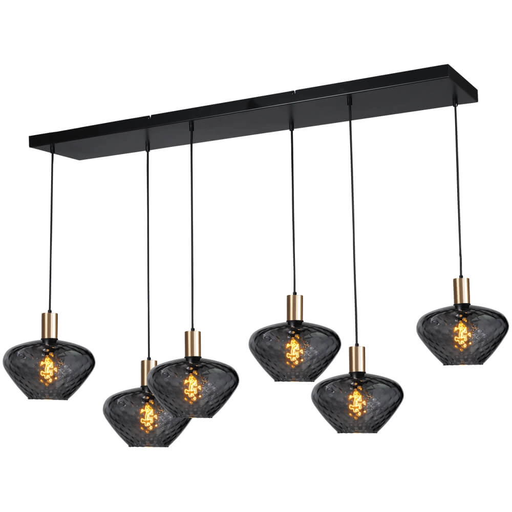6-lichts hanglamp - goud - Porto met Blossom smoke glazen 6-lichts hanglamp - goud - Porto met Blossom smoke glazen