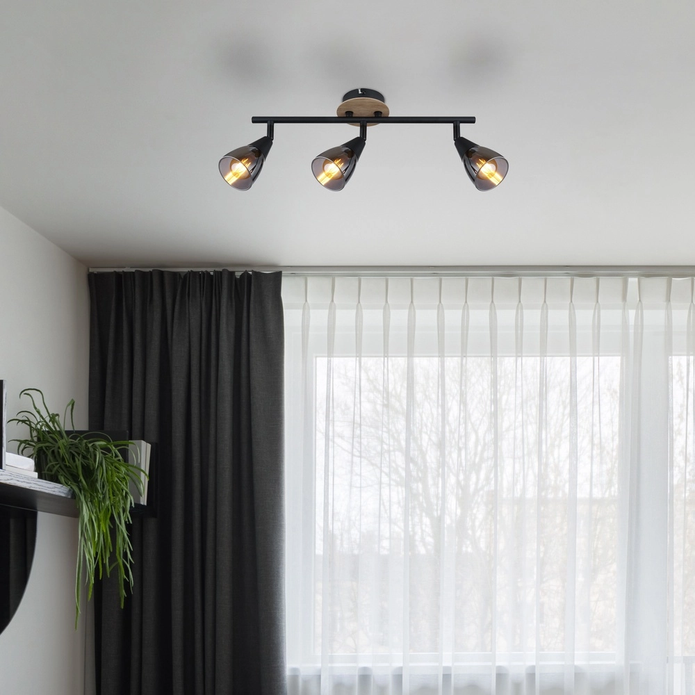 3-lichts plafondlamp Mubby zwart met houtlook Globo 9007371448869