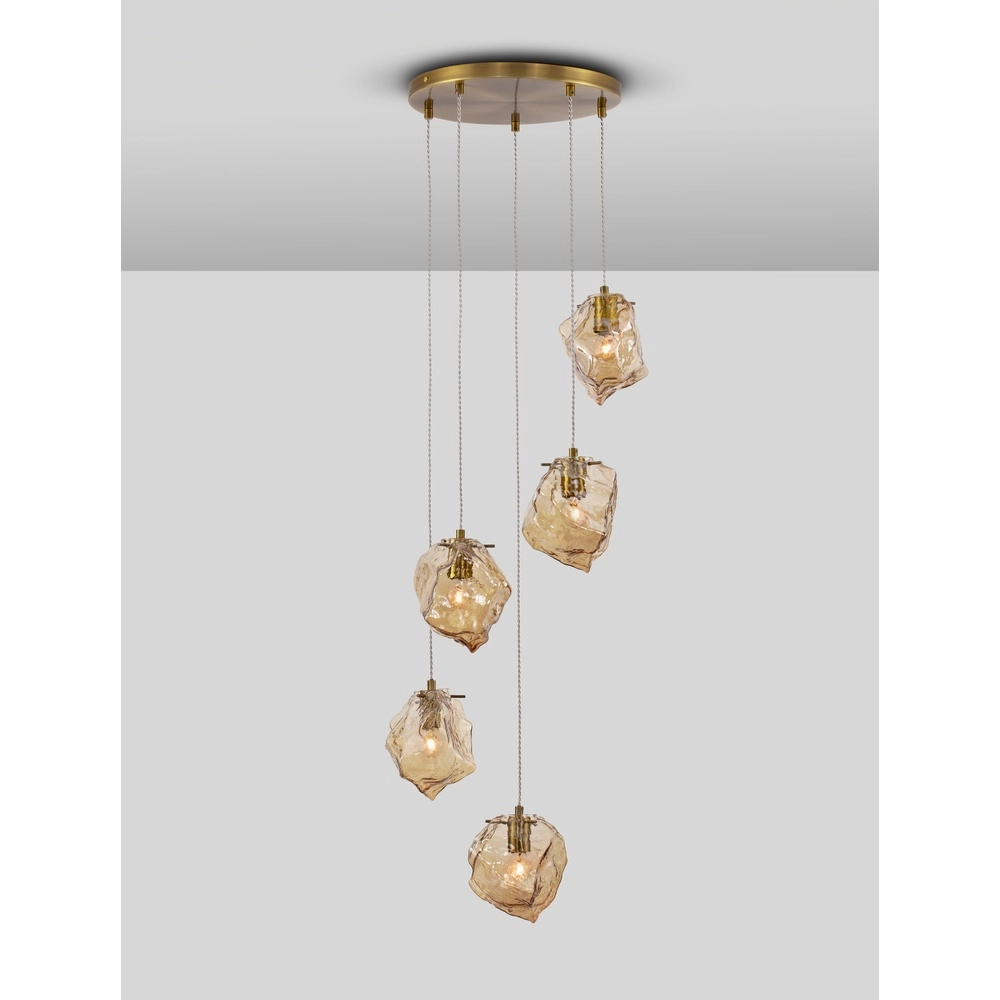 Hanglamp Odelle 5-lichts goud met amber glas
