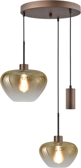 3-lichts hanglamp Genua bruin met 1x goud glas Ø 24cm  - 1x Ø 29cm en 1 pendel