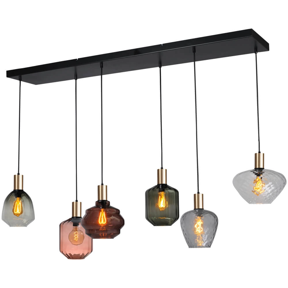 6-lichts hanglamp - goud - Porto met verschillende glazen
