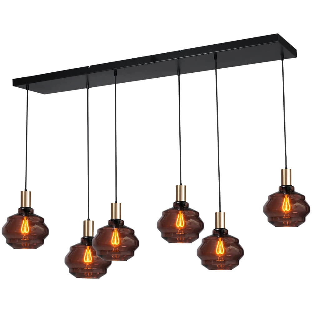 6-lichts hanglamp - goud - Porto met Ball red glazen