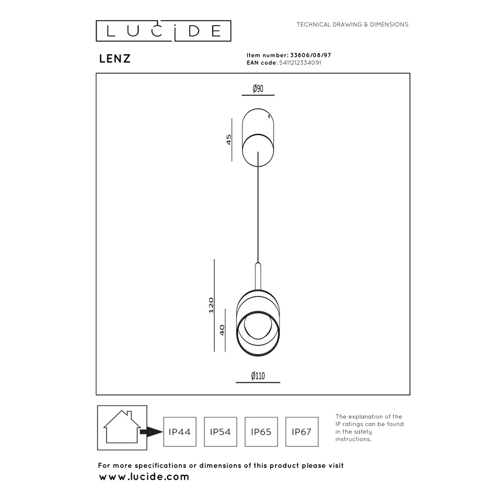 Design hanglamp Lenz roestbruin Ø 11cm IP54 Lucide 5411212334091