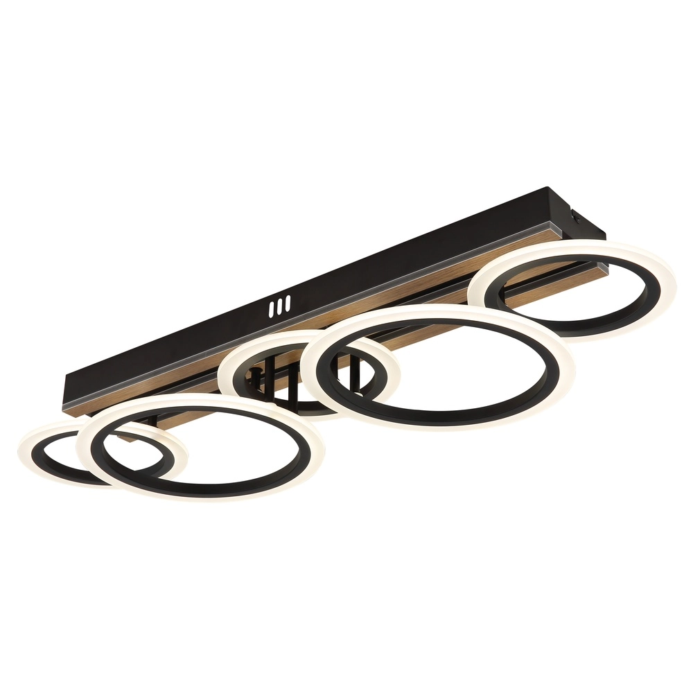 Plafondlamp Blevins zwart met hout 5 ringen