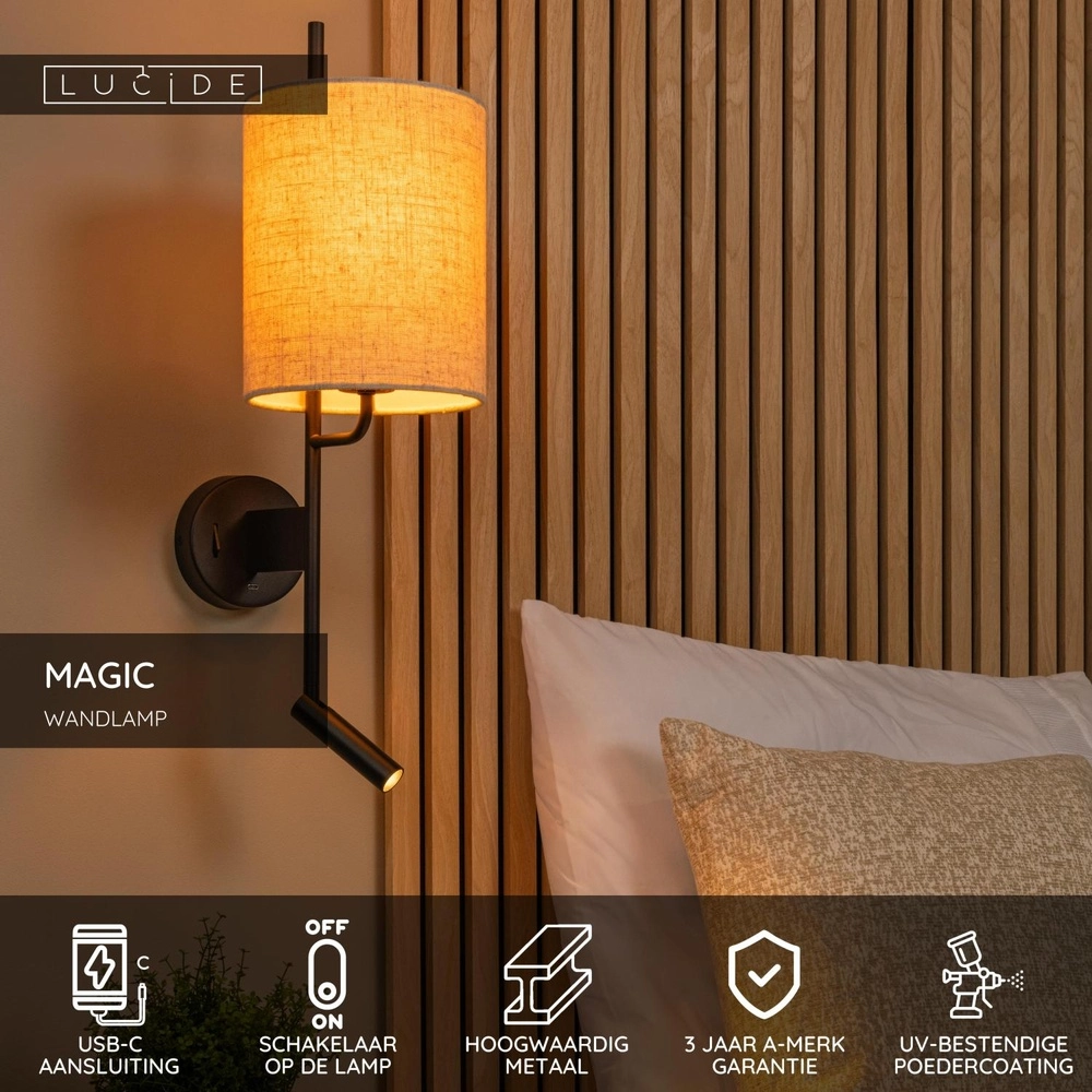 Wandlamp Magic met extra lampje en USB oplaadpunt Lucide 5411212680068