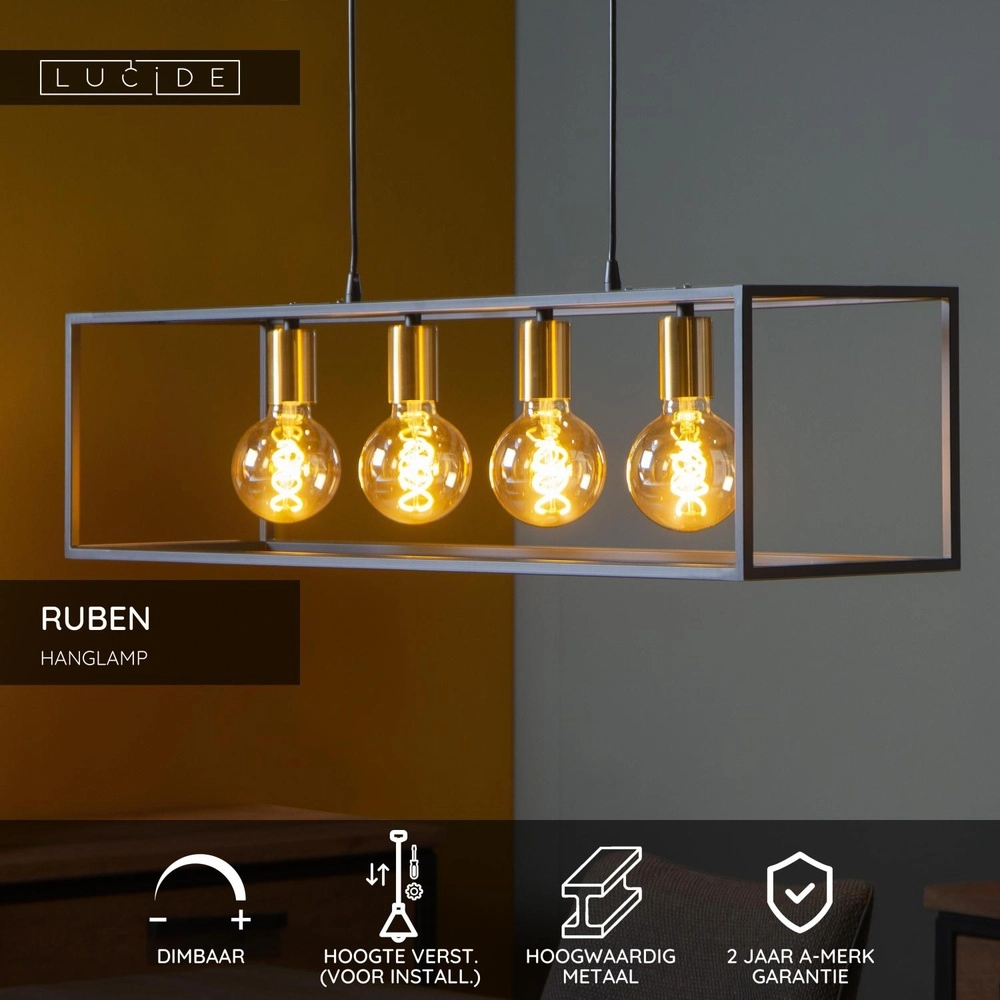 Hanglamp Ruben 4-lichts zwart Lucide 5411212000163