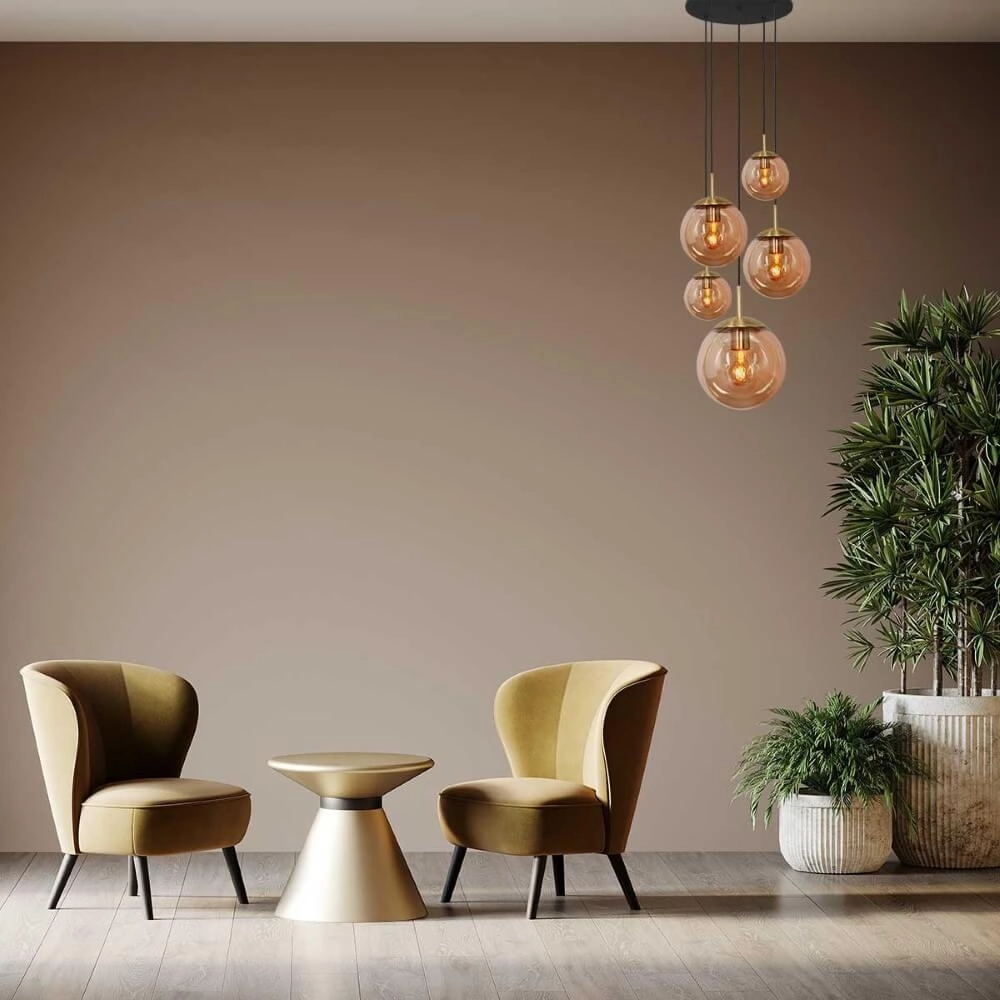 5-lichts vide hanglamp Bolique goud met amber glas Steinhauer 8712746166439