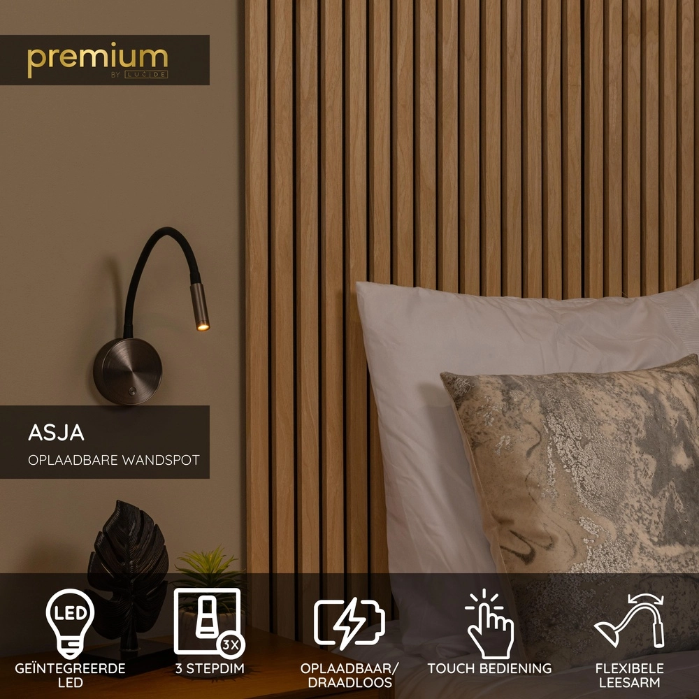 Bedlampje Asja dimbaar geborsteld metaal Premium by Lucide 5411212421197