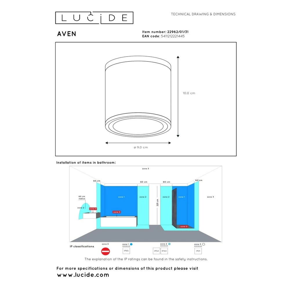 Plafondspot Aven badkamer IP65 wit Lucide 5411212221445