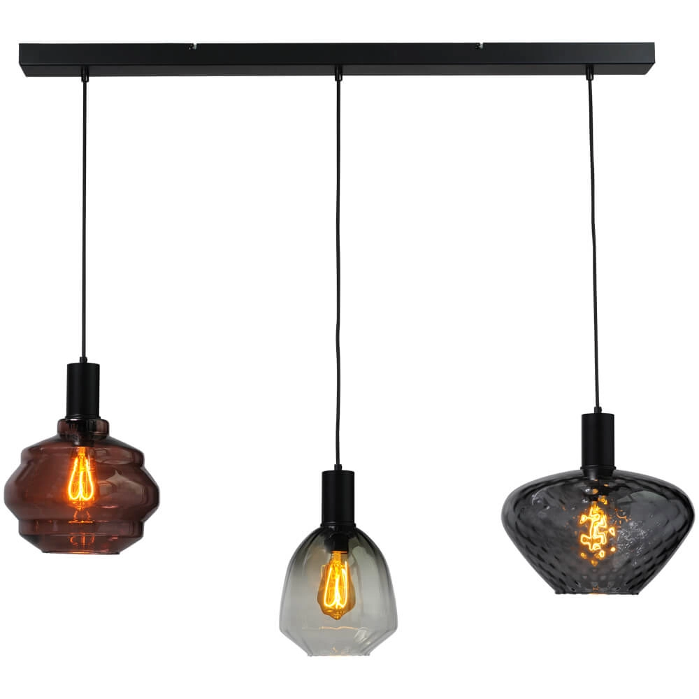 3-lichts hanglamp - zwart - Porto met verschillende glazen 3-lichts hanglamp - zwart - Porto met verschillende glazen