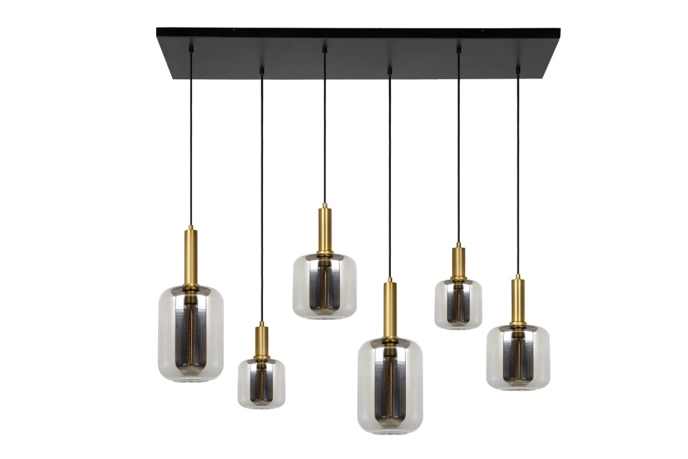 6-lichts hanglamp Joanet recht goud met smoke glas Lucide 5411212451446
