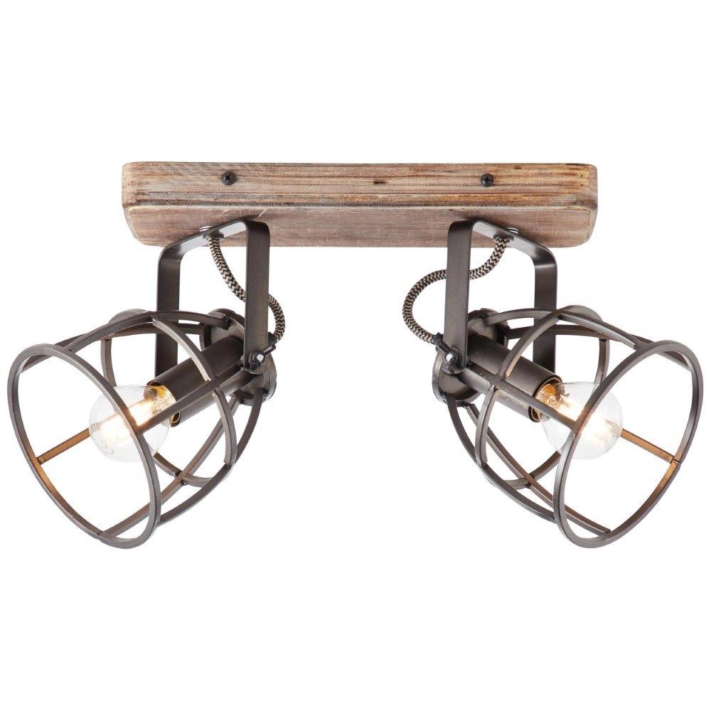 Landelijke plafondlamp Matrix Beam 2-lichts koperbrons met hout Brilliant 4004353372469