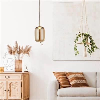 Hanglamp Glas Lisbon roodkoper met amber cilinderglas Searchlight 5053423188355