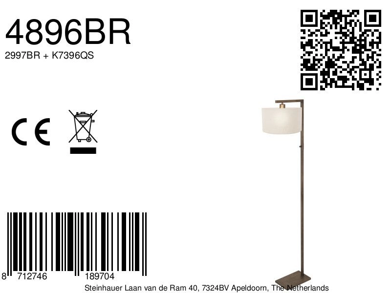 Vloerlamp brons Stang met witte kap Steinhauer 8712746189704