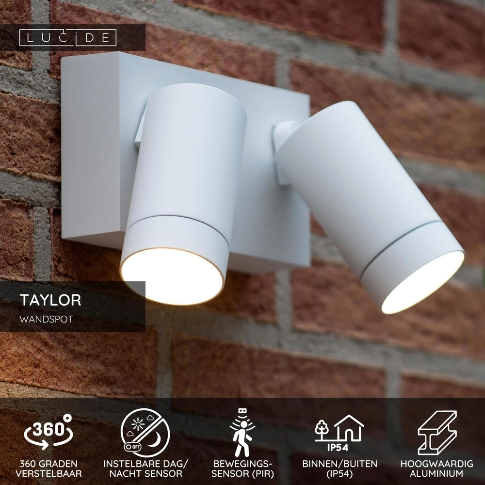 Wandspot Taylor IP54 dubbel met sensor wit Lucide 5411212092724
