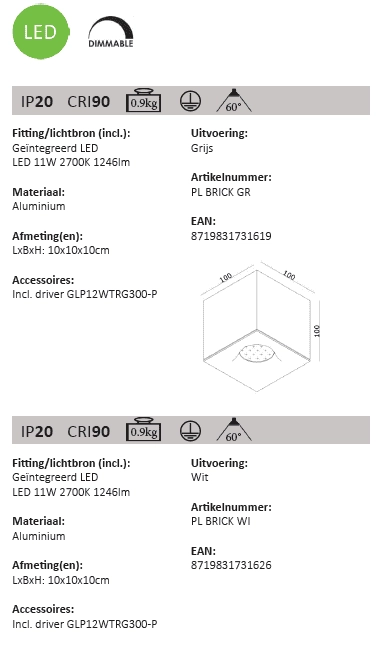 Led opbouwspot Brick wit Artdelight 8719831731626