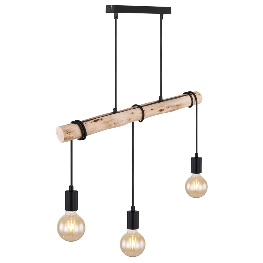3-lichts eettafel hanglamp Gregor zwart met hout Globo 9007371436330