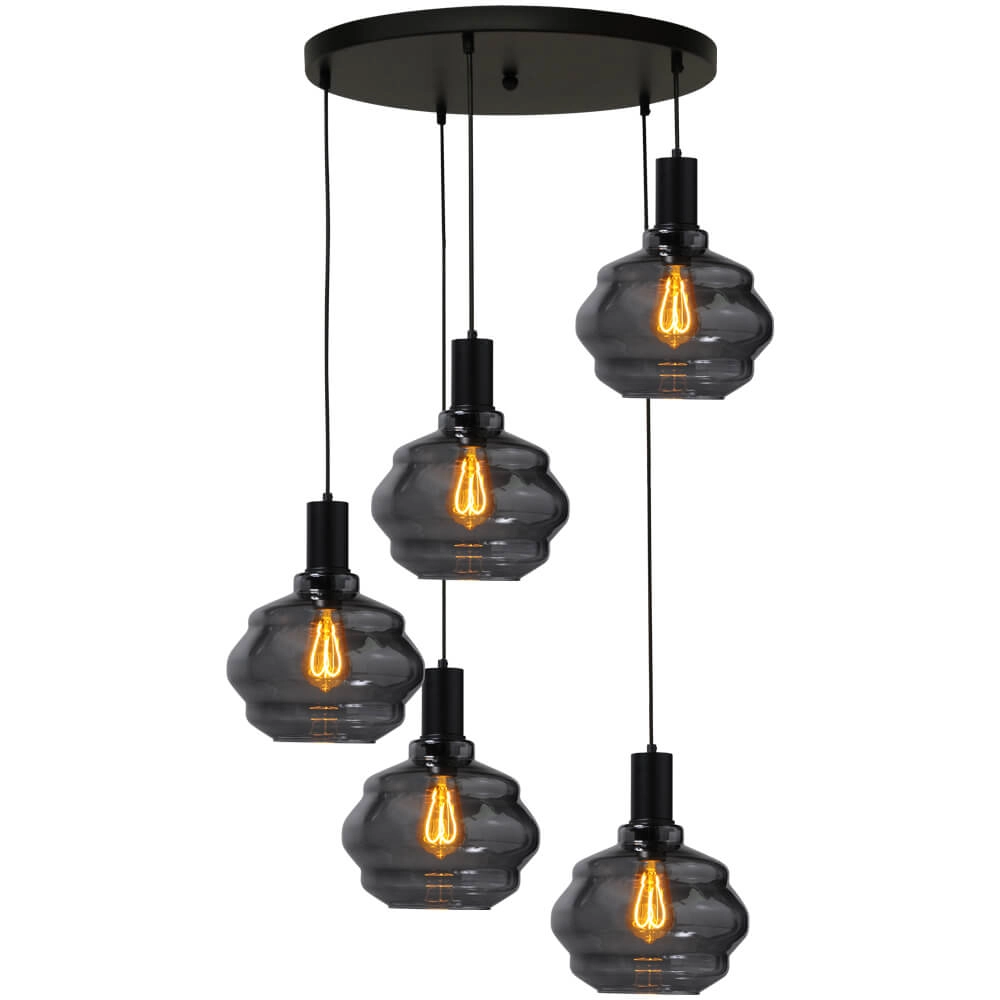 5-lichts vide hanglamp - zwart - Porto met Ball smoke glazen - Ø 24cm 5-lichts vide hanglamp - zwart - Porto met Ball smoke glazen - Ø 24cm