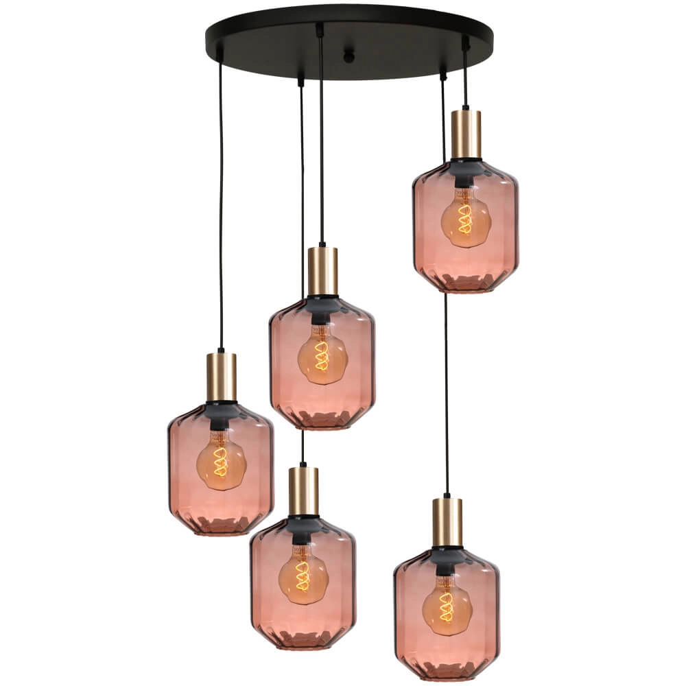 5-lichts vide hanglamp - goud - Porto met Jagger red glazen - Ø 24cm