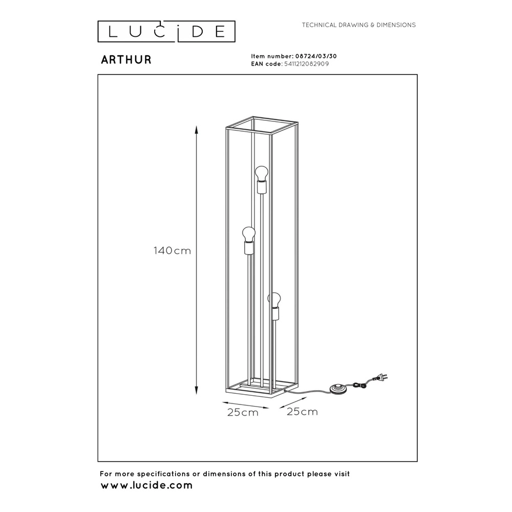 Vloerlamp Arthur 3-lichts zwart Lucide 5411212082909