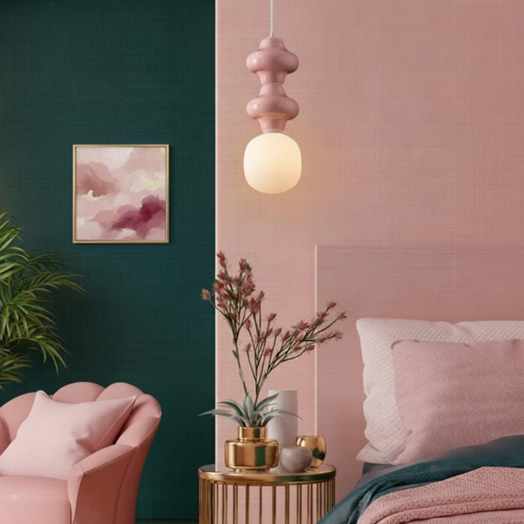 Hanglamp Clio M roze keramiek met wit glas
