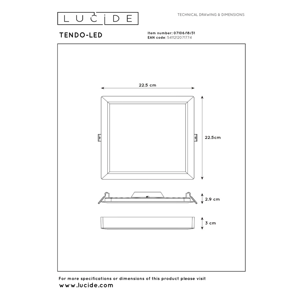Witte plafonniere Tendo-Led vierkant Lucide 5411212071774