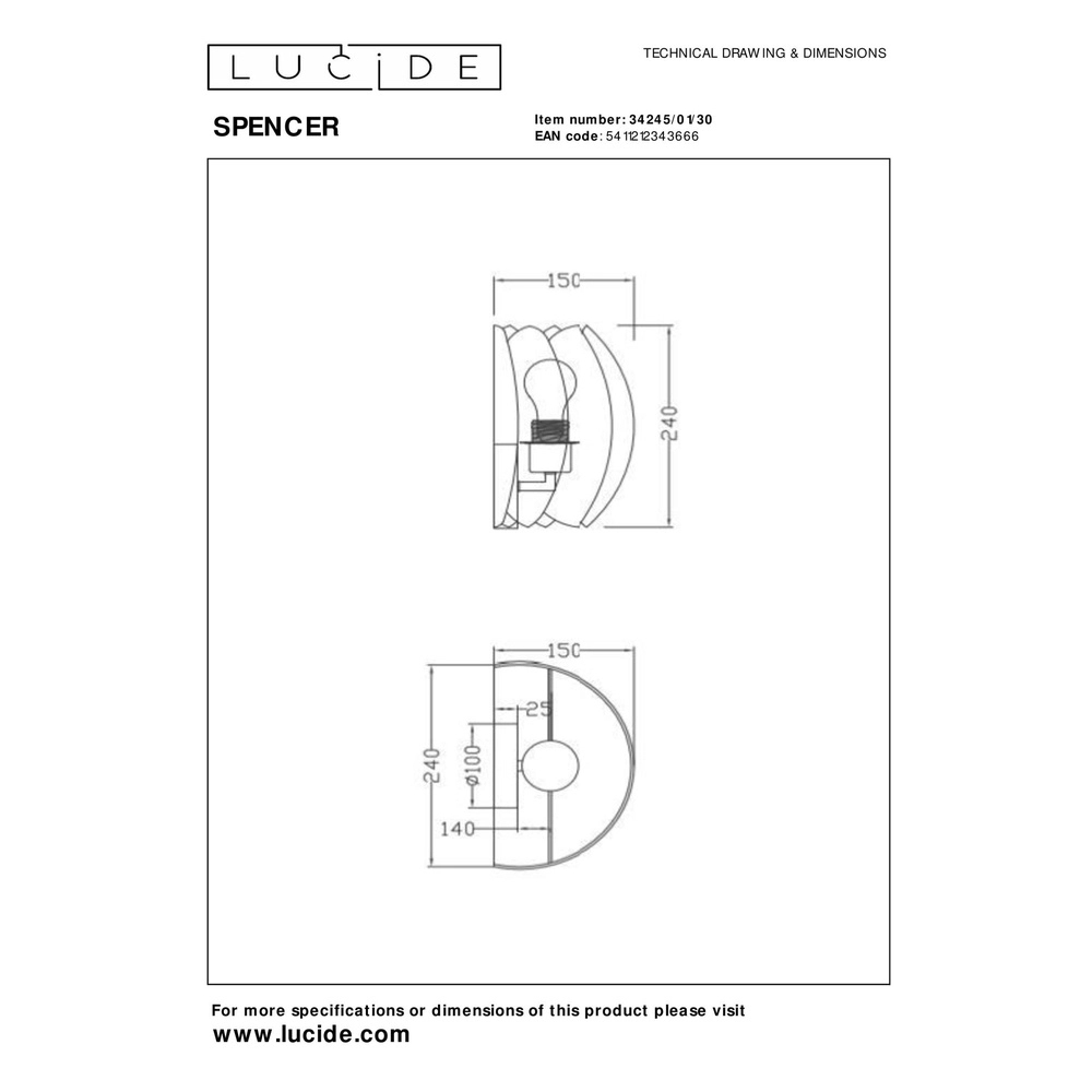 Wandlamp Spencer zwart Lucide 5411212343666