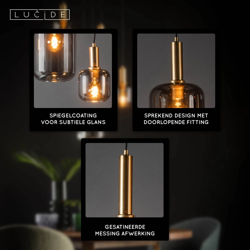 5-lichts hanglamp Joanet Ø 66cm goud met smoke glas Lucide 5411212451439