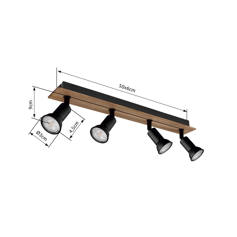 Plafondspot Drew zwart met hout 4-lichts Globo 9007371436781