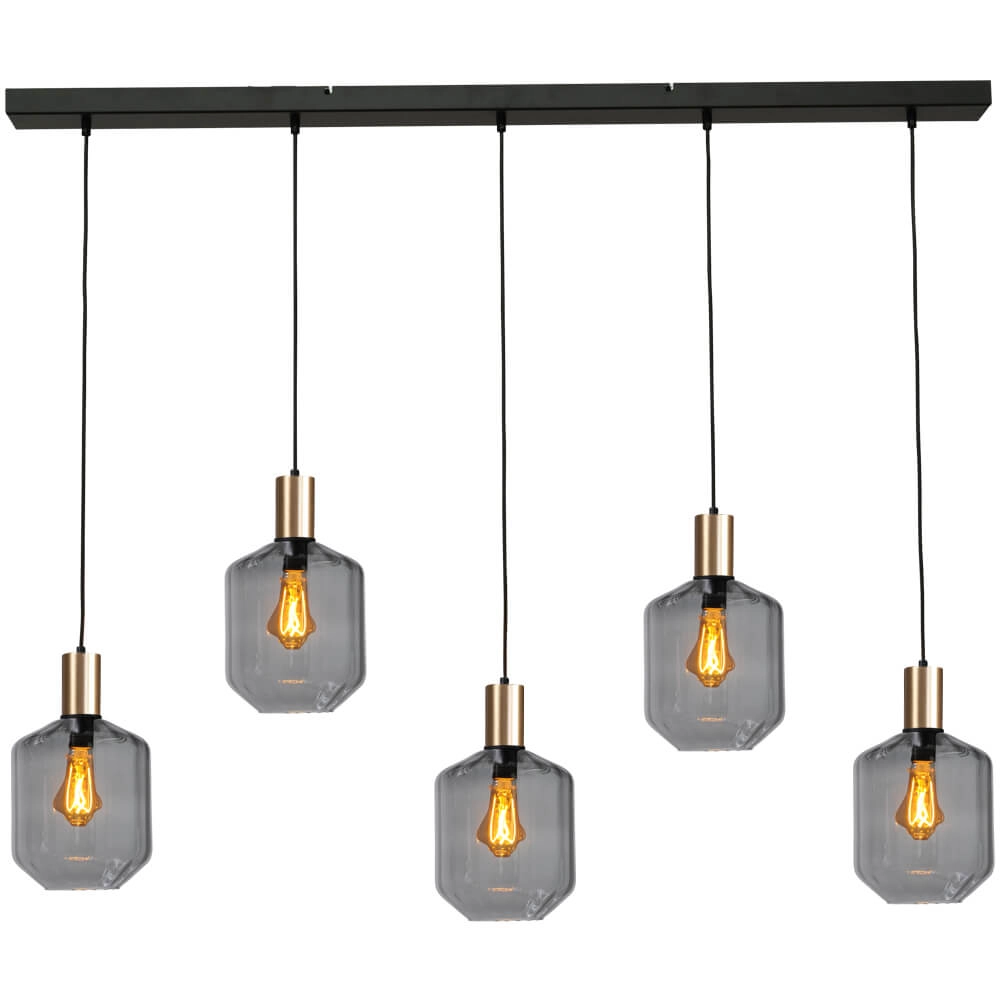 5-lichts hanglamp - goud - Porto met Jagger smoke glazen