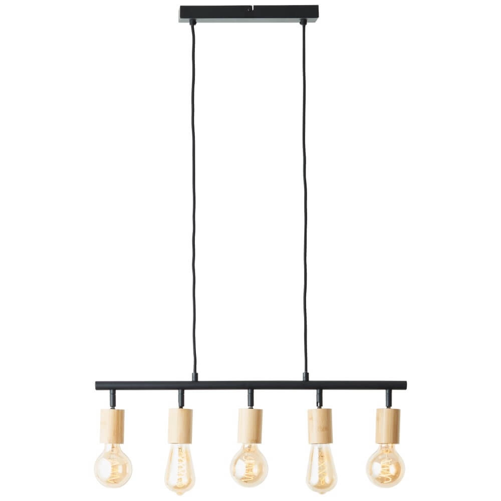 5-lichts hanglamp Tiffany zwart met hout 5-lichts hanglamp Tiffany zwart met hout