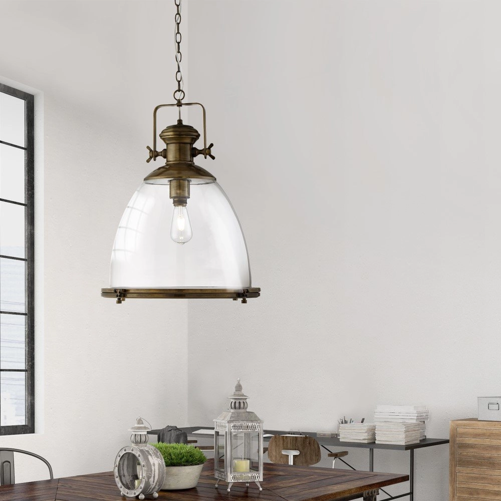 Oud messing hanglamp Industrial met glas Searchlight 5053423051802