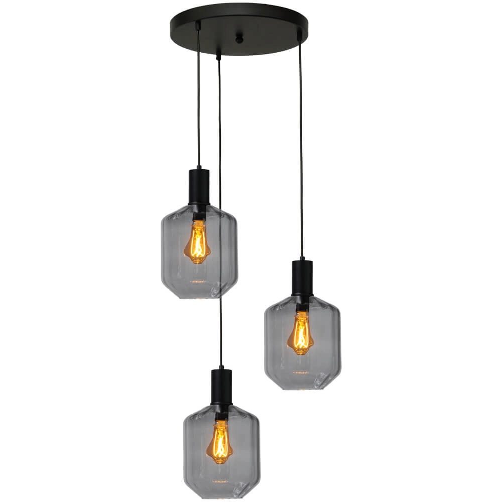 3-lichts vide hanglamp - zwart - Porto met Jagger smoke glazen