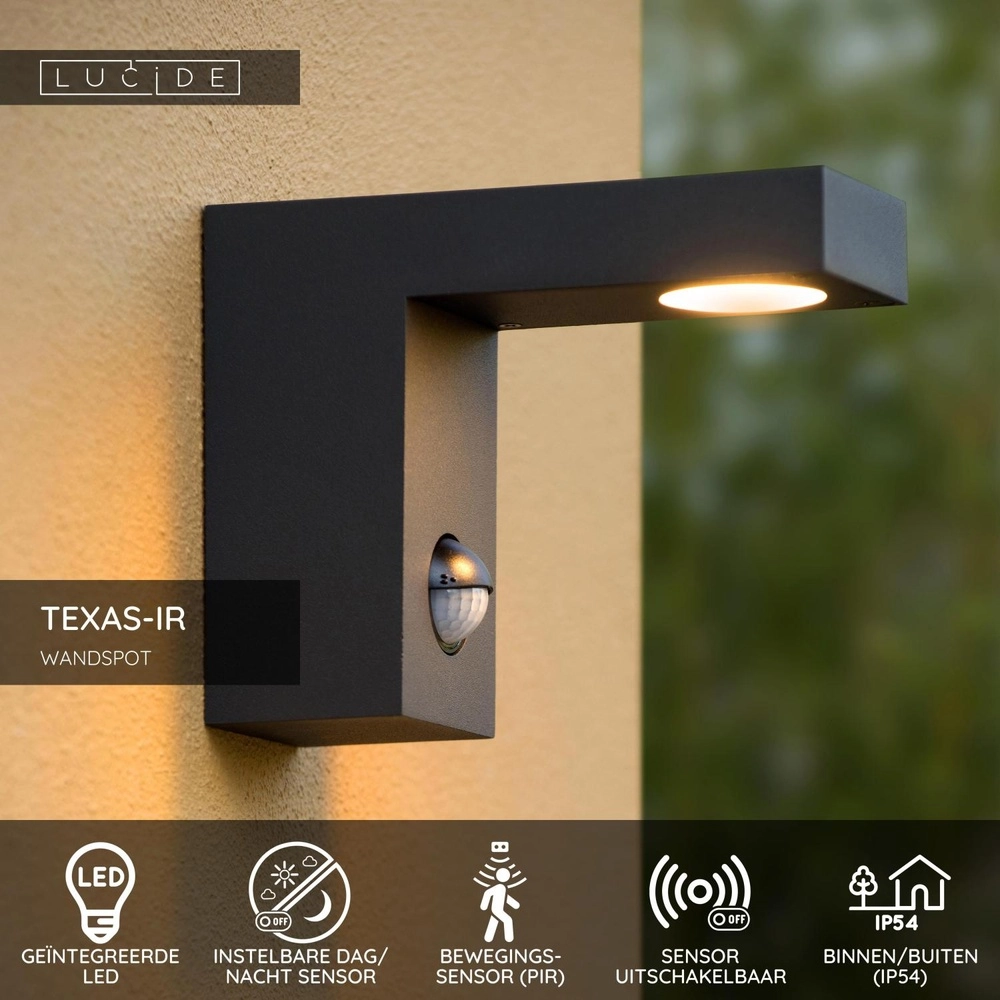 Wandlamp Texas-Ir antraciet met sensor Lucide 5411212281005