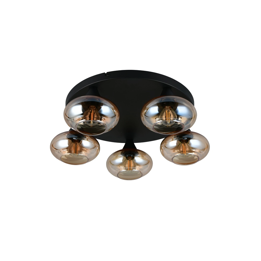 Plafondlamp Divina 5-lichts zwart met amber glas Trio 4017807667455