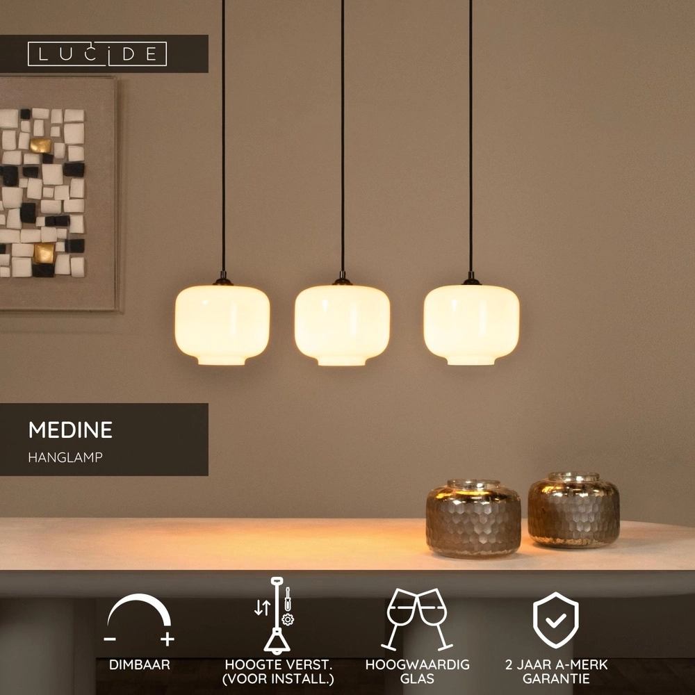 Hanglamp recht Medine 3-lichts zwart met opaal Lucide 5411212461001