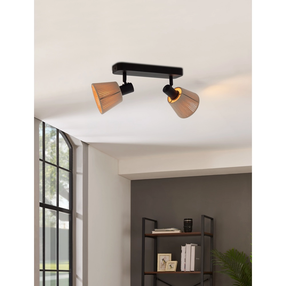 Plafondlamp Seagard zwart met rotan 2-lichts Eglo 9008606359837