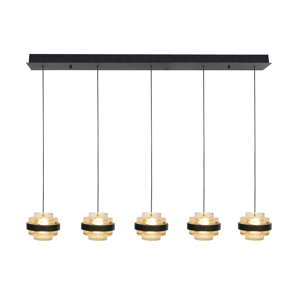 Hanglamp Dynasty zwart recht 5-lichts met amber glas